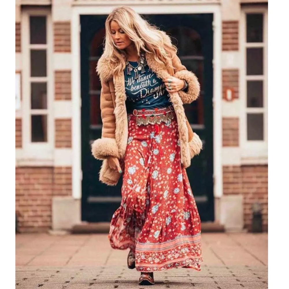 Red Floral Gypsy Bohemian Button Up Long Skirt - Picture 7 of 14